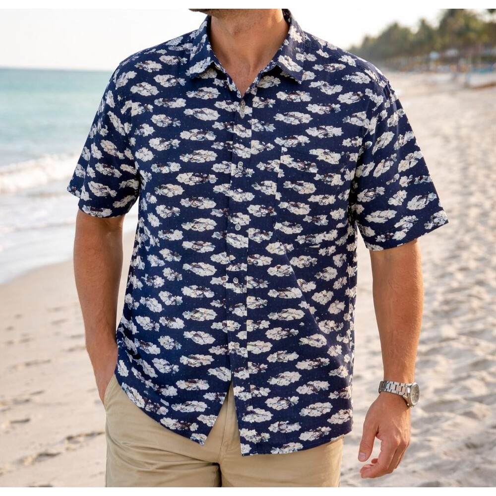 Back East Mens Size L Navy Blue Fish Shark Print Batik Style Button Up Shirt